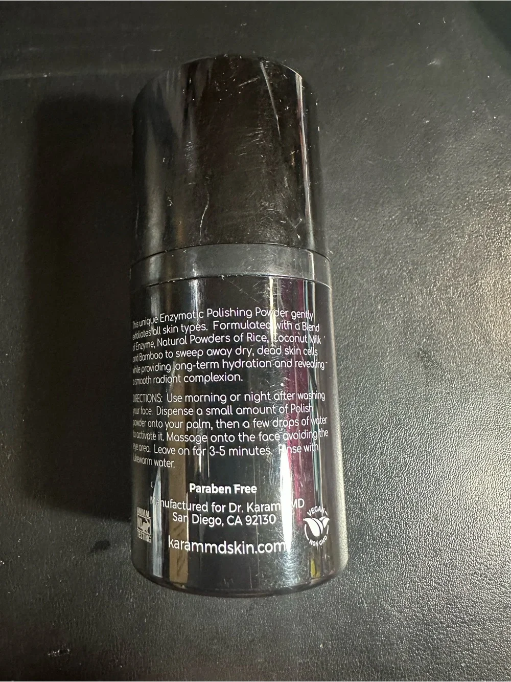 Karam MD Polish Enzymatic Exfoliating Powder no box has a crack in the lid